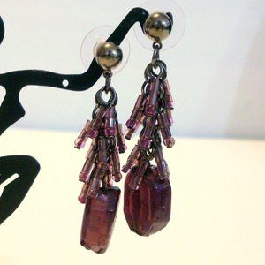 Purple Glass Bead Fringed Drop Pierced Earrings